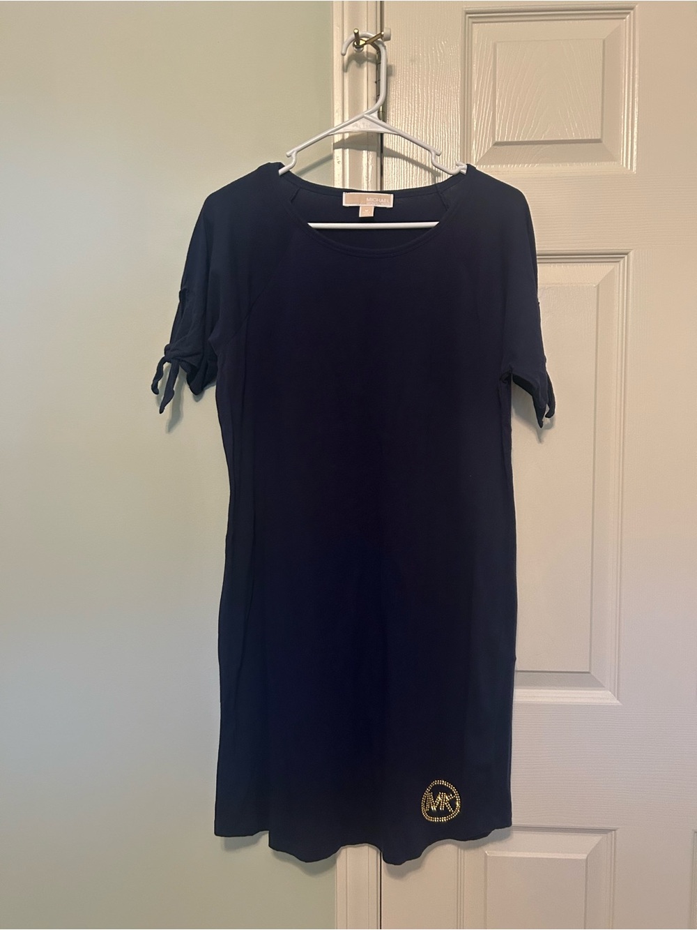 Michael Kors Navy Short-Sleeve Midi Shift Dress with Logo